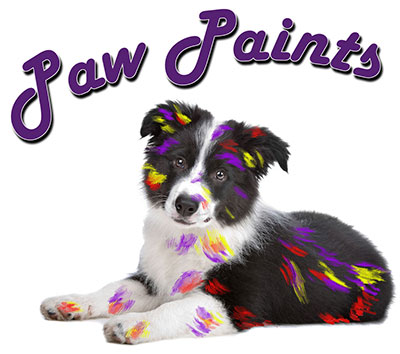 PawPaints dot net logo border collie puppy covered in paint